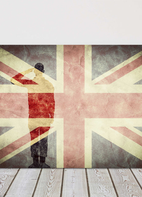 Silhouette of soldier Union Jack Printed and framed as a canvas picture print