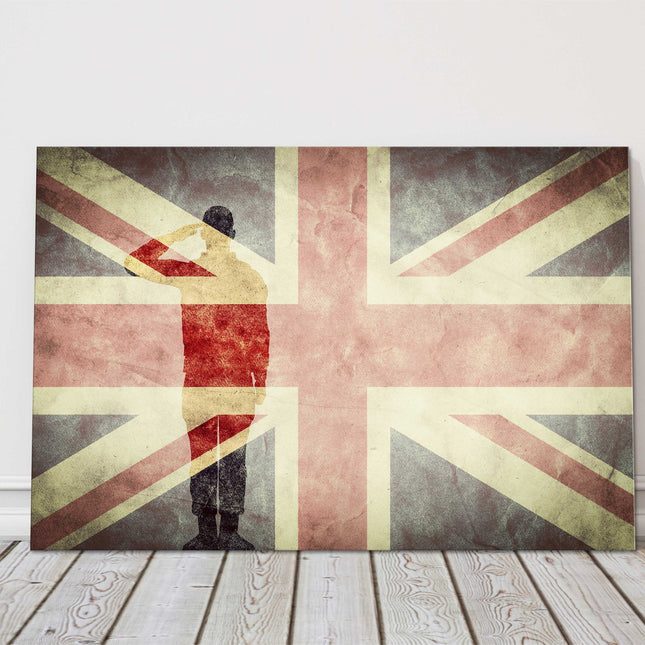 Silhouette of soldier Union Jack Printed and framed as a canvas picture print