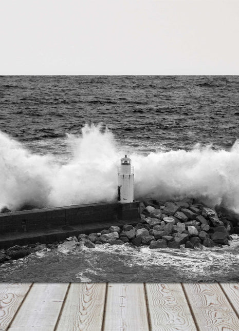 Waves crashing over a lighthouse black and white canvas picture print