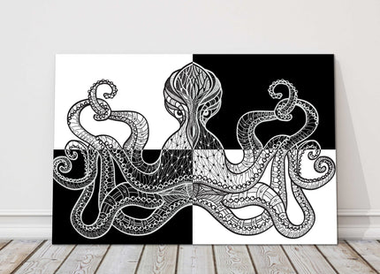 Octopus in black and white symmetrical pattern form. Canvas picture print.