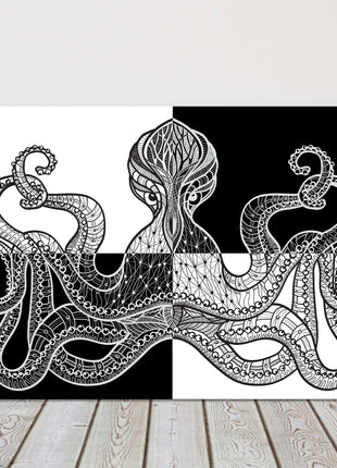 Octopus in black and white symmetrical pattern form. Canvas picture print.