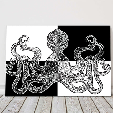 Octopus in black and white symmetrical pattern form. Canvas picture print.