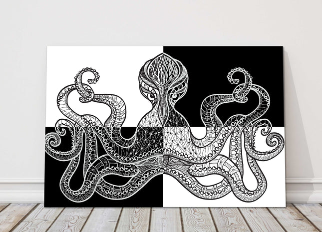 Octopus in black and white symmetrical pattern form. Canvas picture print.