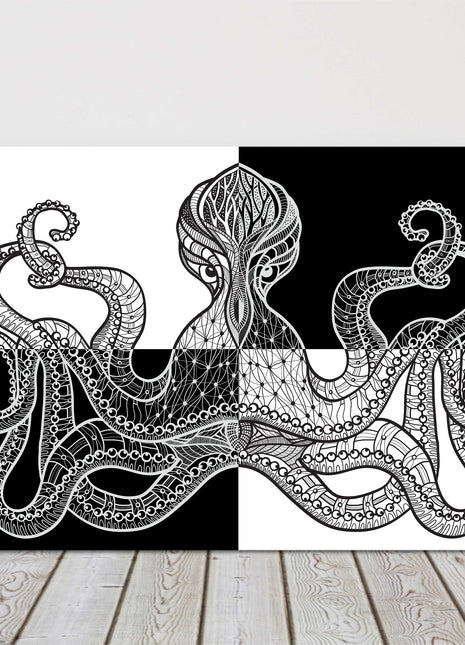 Octopus in black and white symmetrical pattern form. Canvas picture print.
