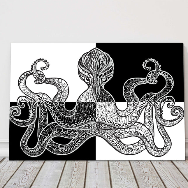 Octopus in black and white symmetrical pattern form. Canvas picture print.