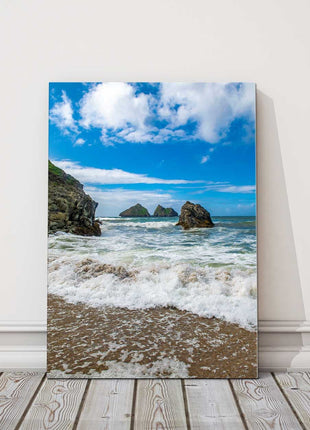 Portrait view of Holywell Bay, Cornwall. Iconic Gul rock Canvas Print Wall decor for home or office (Interior) beach seascape.