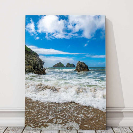 Portrait view of Holywell Bay, Cornwall. Iconic Gul rock Canvas Print Wall decor for home or office (Interior) beach seascape.