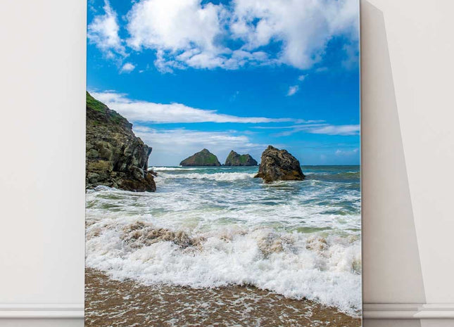 Portrait view of Holywell Bay, Cornwall. Iconic Gul rock Canvas Print Wall decor for home or office (Interior) beach seascape.