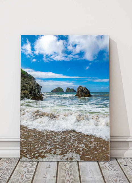 Portrait view of Holywell Bay, Cornwall. Iconic Gul rock Canvas Print Wall decor for home or office (Interior) beach seascape.