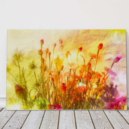 Wild flowers in summertime painting. Bright warm colours. Printed canvas picture print.