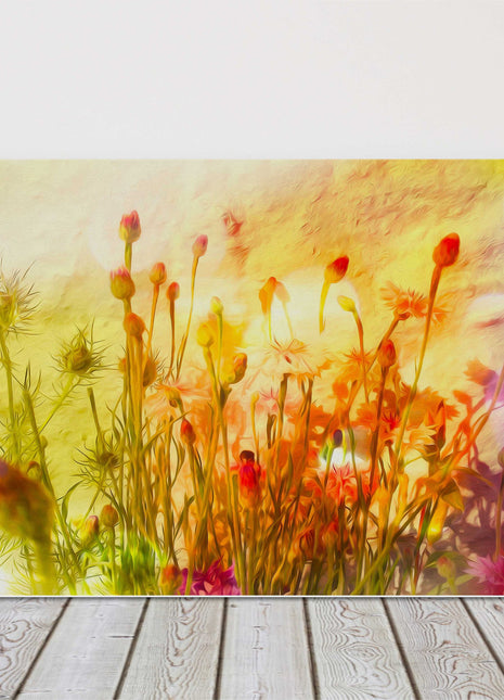 Wild flowers in summertime painting. Bright warm colours. Printed canvas picture print.