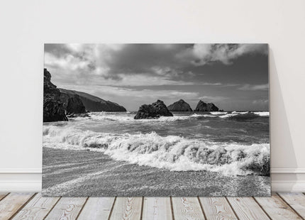 Holywell Bay beach, Near Newquay, Cornwall. Black and white Canvas picture print