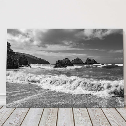 Holywell Bay beach, Near Newquay, Cornwall. Black and white Canvas picture print