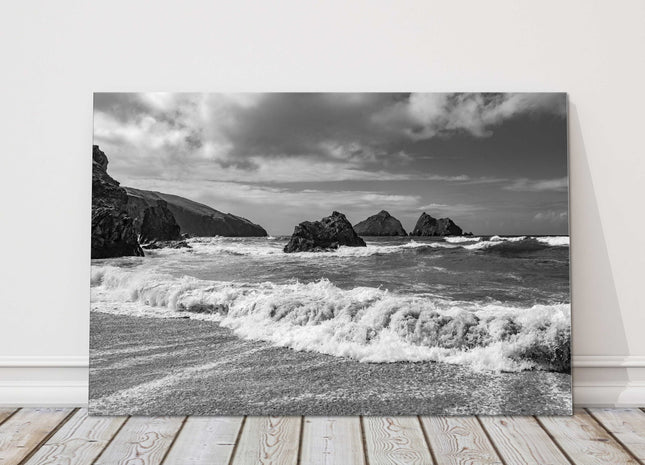 Holywell Bay beach, Near Newquay, Cornwall. Black and white Canvas picture print