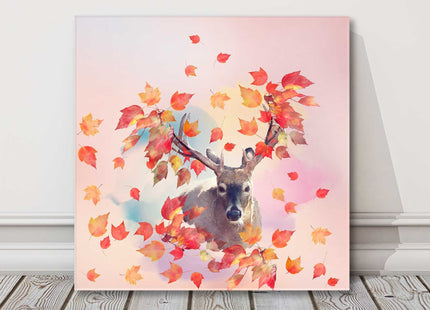 Deer portrait with Autumn leaves. Canvas picture print