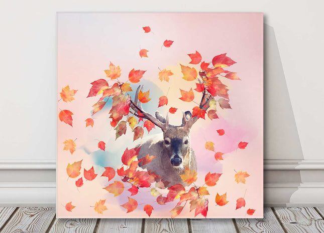 Deer portrait with Autumn leaves. Canvas picture print