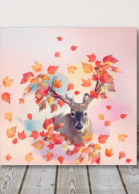 Deer portrait with Autumn leaves. Canvas picture print