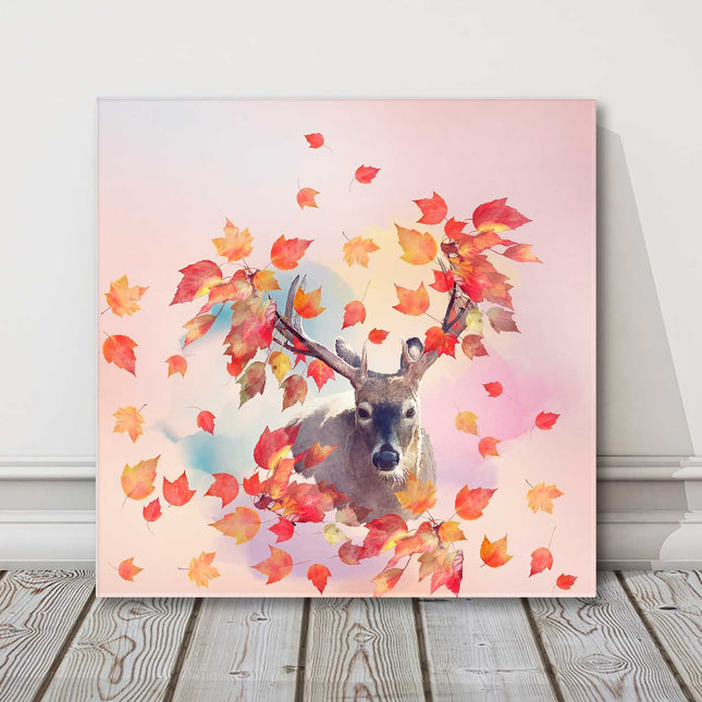 Deer portrait with Autumn leaves. Canvas picture print