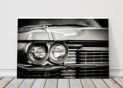 Classic American car close up. Retro in black and white canvas picture print