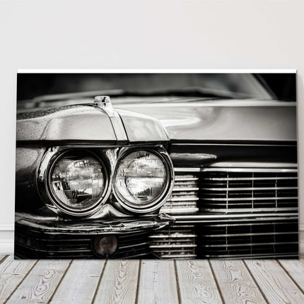 Classic American car close up. Retro in black and white canvas picture print