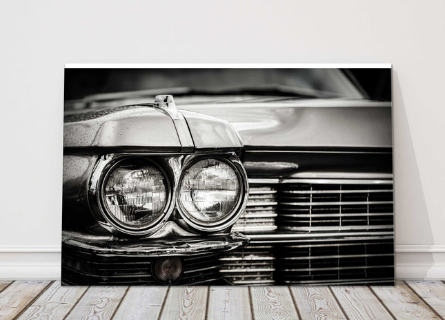 Classic American car close up. Retro in black and white canvas picture print