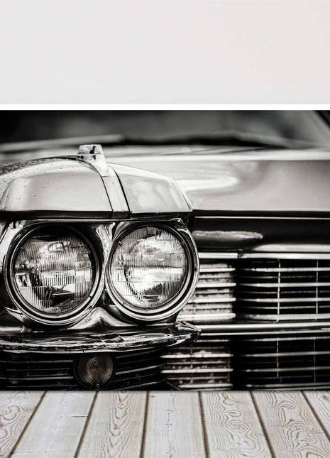 Classic American car close up. Retro in black and white canvas picture print