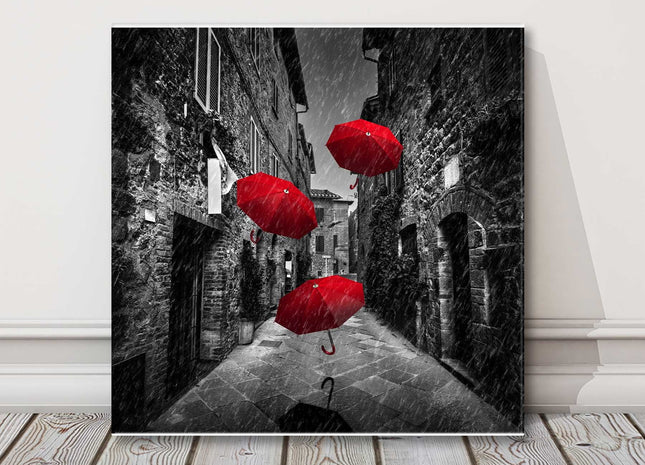 red umberella black and white street canvas picture print modern square