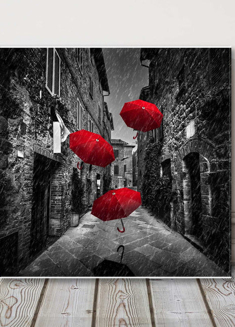 red umberella black and white street canvas picture print modern square