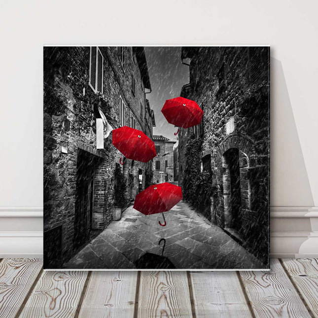 red umberella black and white street canvas picture print modern square