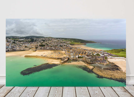St Ives Harbour, Cornwall. Air view over town, sandy beach Canvas picture print.