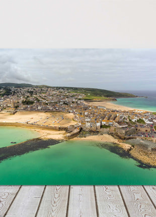 St Ives Harbour, Cornwall. Air view over town, sandy beach Canvas picture print.