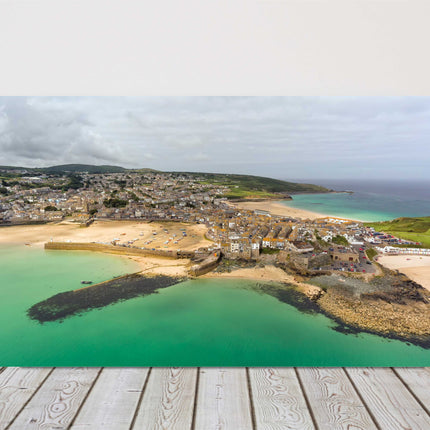 St Ives Harbour, Cornwall. Air view over town, sandy beach Canvas picture print.