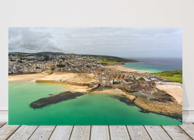 St Ives Harbour, Cornwall. Air view over town, sandy beach Canvas picture print.