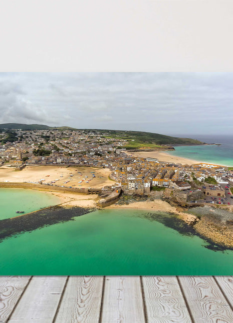 St Ives Harbour, Cornwall. Air view over town, sandy beach Canvas picture print.