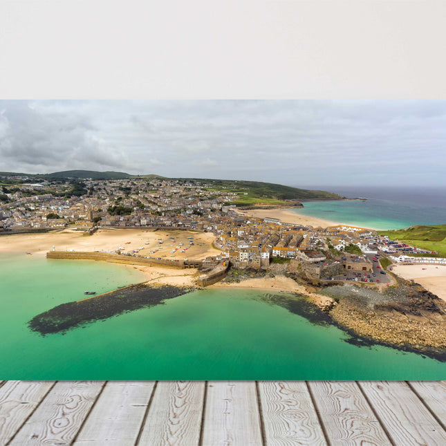 St Ives Harbour, Cornwall. Air view over town, sandy beach Canvas picture print.