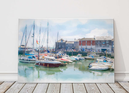 Padstow harbour painting. Boats moored in the harbour. Canvas picture print