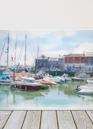 Padstow harbour painting. Boats moored in the harbour. Canvas picture print