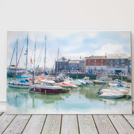 Padstow harbour painting. Boats moored in the harbour. Canvas picture print