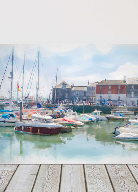 Padstow harbour painting. Boats moored in the harbour. Canvas picture print