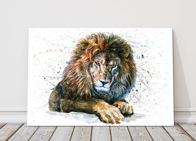 Lion, watercolour painting with colour splash effect.Canvas picture.