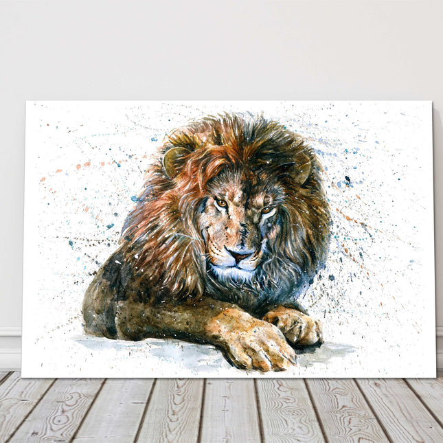 Lion, watercolour painting with colour splash effect.Canvas picture.