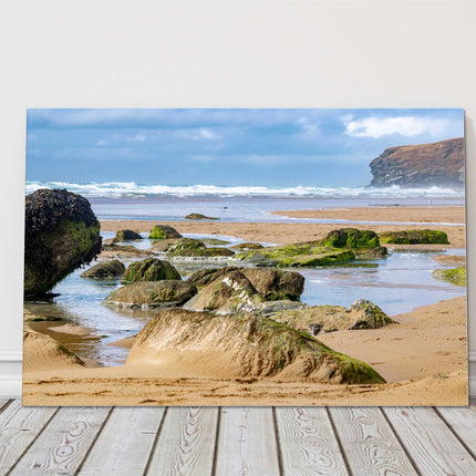 Watergate Bay beach, Cornwall. Rugged rock pools. Canvas Print.