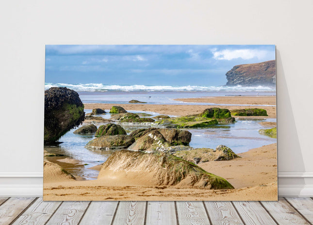 Watergate Bay beach, Cornwall. Rugged rock pools. Canvas Print.