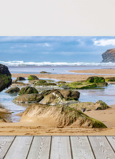 Watergate Bay beach, Cornwall. Rugged rock pools. Canvas Print.