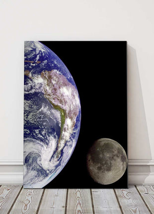 Earth from outer space. Portrait view. Printed and framed as a canvas print.