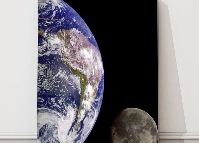 Earth from outer space. Portrait view. Printed and framed as a canvas print.