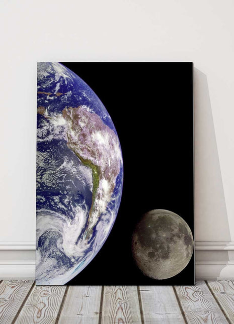 Earth from outer space. Portrait view. Printed and framed as a canvas print.