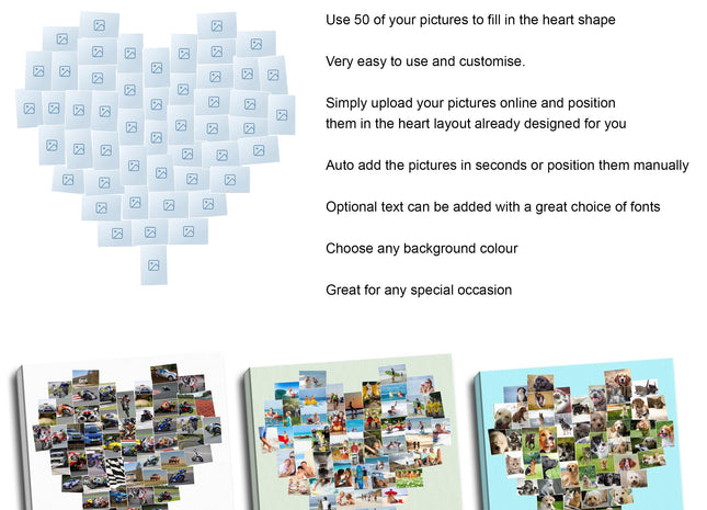 Personalised heart shape canvas. Create your own 50 picture heart collage