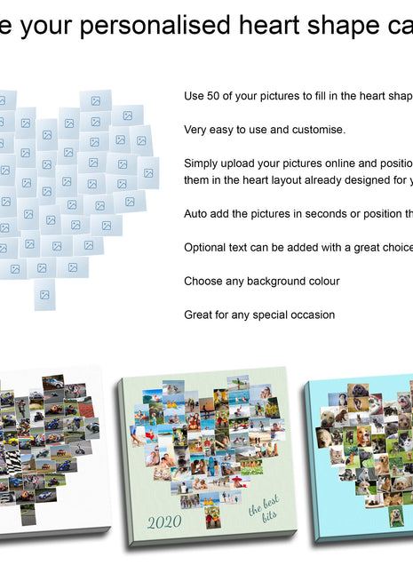 Personalised heart shape canvas. Create your own 50 picture heart collage