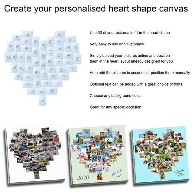 Personalised heart shape canvas. Create your own 50 picture heart collage